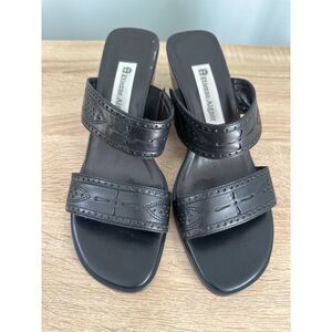 Etienne Aigner Vintage 90s Black Leather Wedge Sandals Strappy Slip On size 7.5